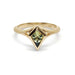 Front view of 14kt yellow gold ring with kite-cut green-yellow Australian sapphire