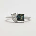 Front view of moi et toi engagement ring with teal Australian sapphire and lab diamond in white gold