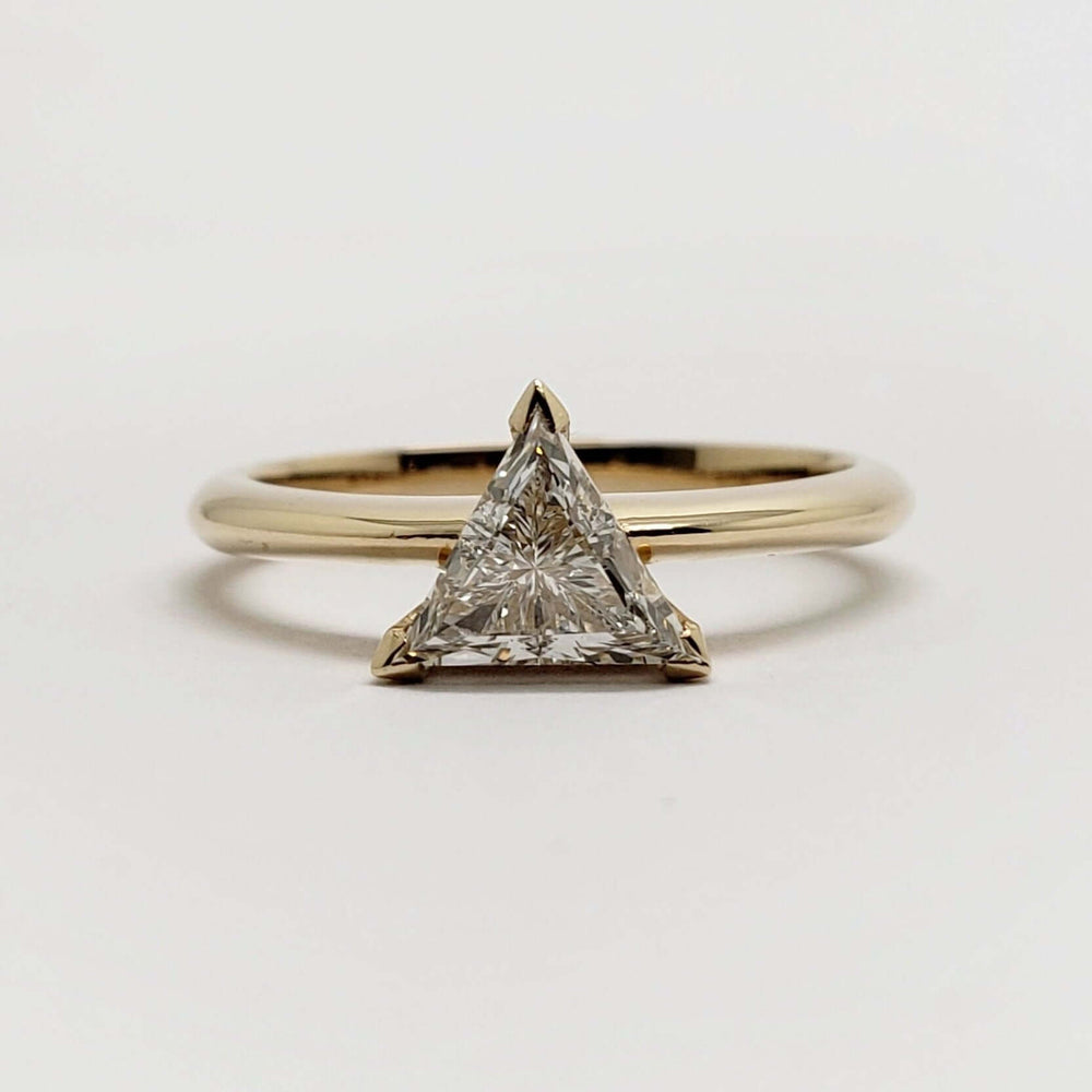 Front view of 14kt yellow gold ring with triangle cut lab-grown diamond