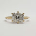 Front view of 14kt yellow gold ring with cushion cut lab diamond in prong setting