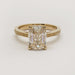 Front view of 14kt yellow gold ring with cushion rose cut lab diamond and engraved band
