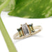 Front view of 14kt yellow gold ring with Canadian diamond and Australian sapphires