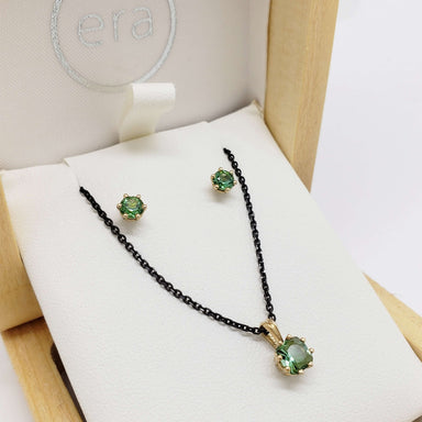Green tourmaline pendant and stud earrings in 14kt yellow gold, displayed in an Era Design box