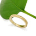 Hand engraved 14kt yellow gold wedding ring with millgrain, shown beside a green leaf