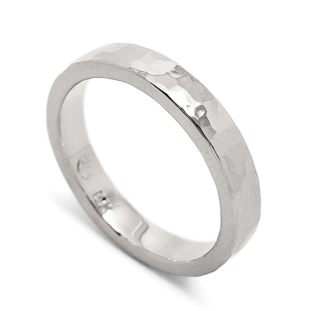 Handcrafted 14k white gold wedding ring with hammered and polished finish