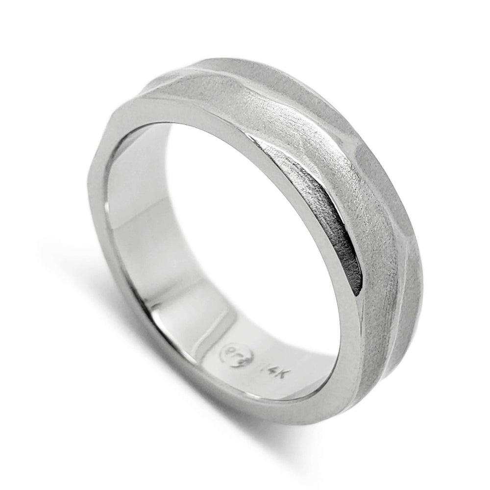 Handcrafted 14k white gold wedding ring with topography texture, polished and brushed finish