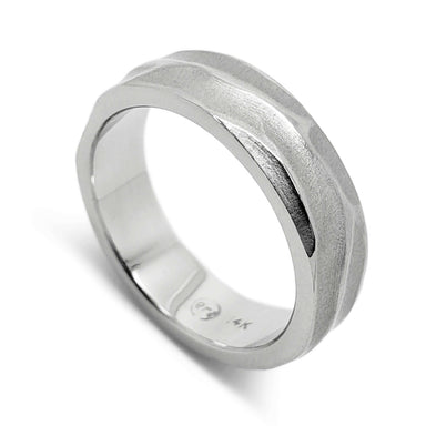 Handcrafted 14k white gold wedding ring with topography texture, polished and brushed finish