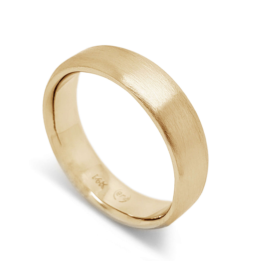 Handcrafted 14k yellow gold flat wedding ring with brushed finish
