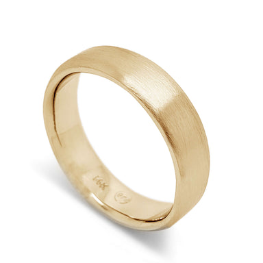 Handcrafted 14k yellow gold flat wedding ring with brushed finish