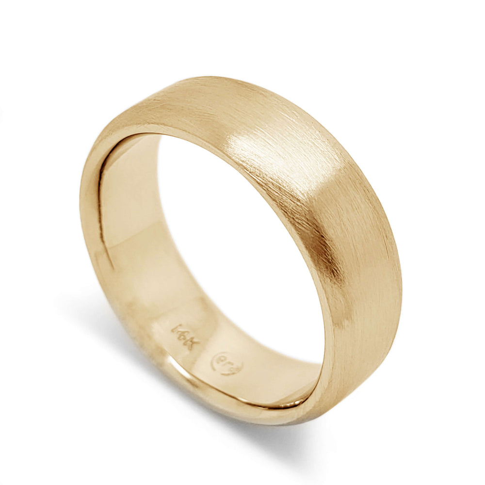 Handcrafted 14k yellow gold flat wedding ring with brushed finish and rolled edge