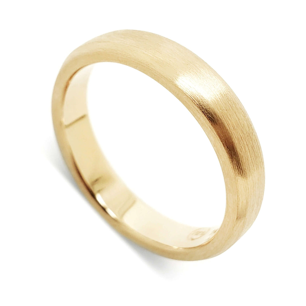 Handcrafted 14k yellow gold flat wedding ring with brushed finish