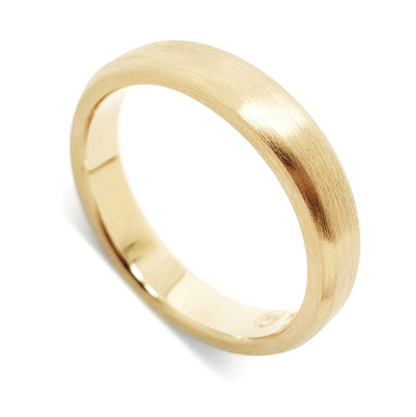 Handcrafted 14k yellow gold flat wedding ring with brushed finish