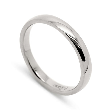 Handcrafted 14kt white gold low dome wedding ring with high polished finish
