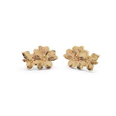 Pair of handcrafted 14kt yellow gold floral rose stud earrings with leaf detail