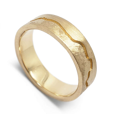 Handcrafted 14kt yellow gold wedding ring with mountain range detail and contrasting textures