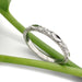 Handcrafted white gold floral wedding band resting on green plant stem