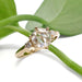 Handcrafted yellow gold lab diamond ring with rose cut center stone, shown with green leaves