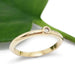 Handcrafted yellow gold ring with bezel set diamond beside a green leaf