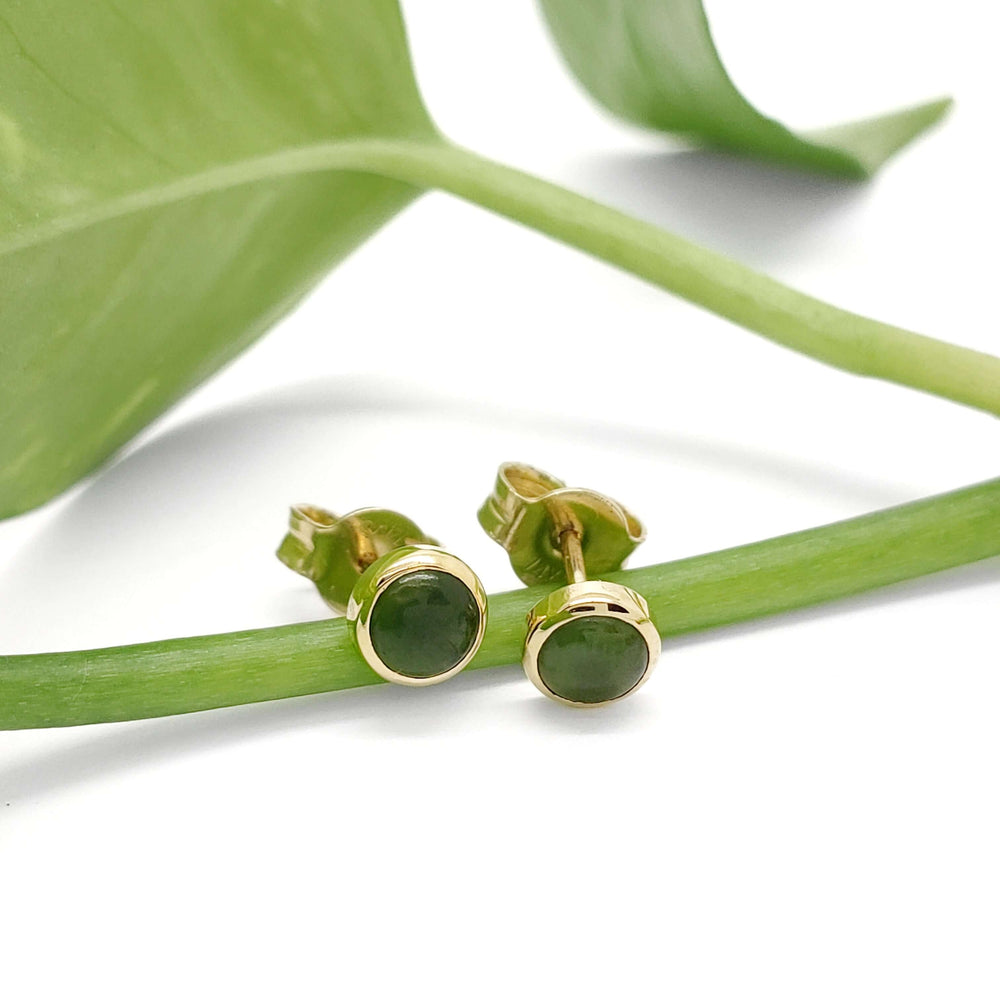 14kt yellow gold jade stud earrings resting on a green plant stem