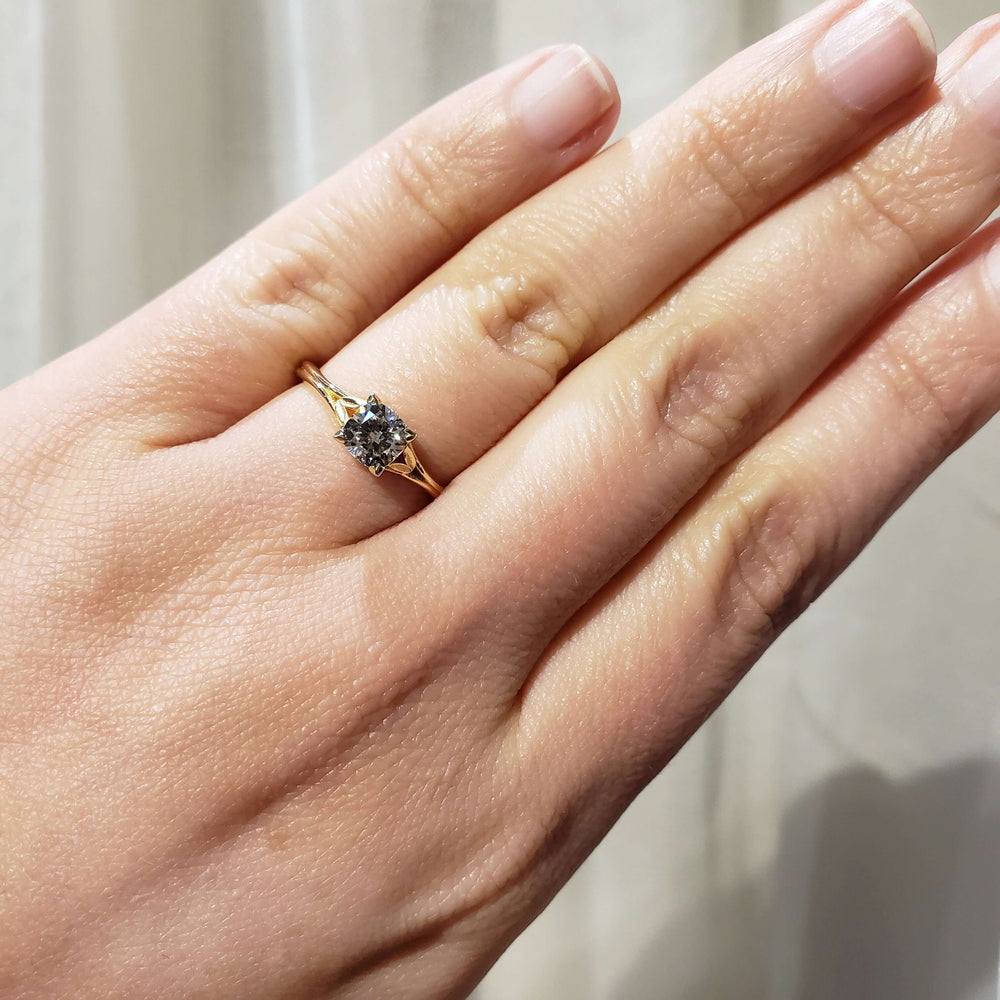 Lab diamond engagement ring in 14kt yellow gold shown on hand