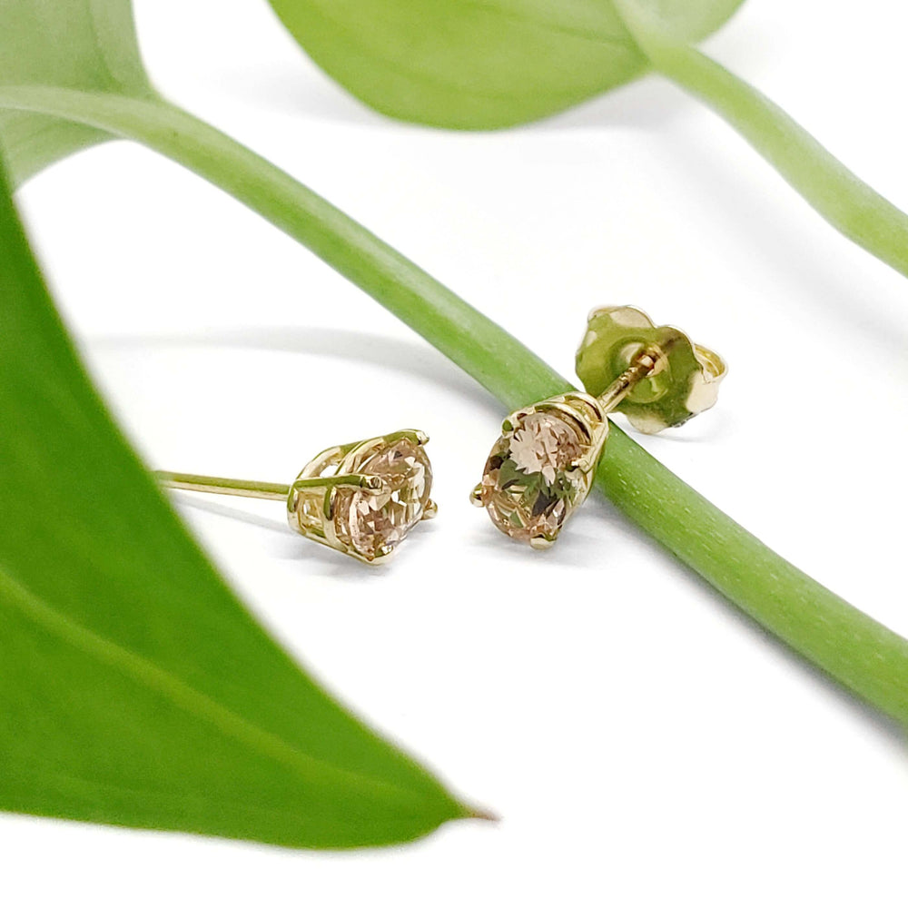 Malaya garnet and 14kt yellow gold stud earrings styled with green leaves