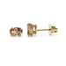Pair of oval peach-pink Malaya garnet stud earrings in 14kt yellow gold on white background