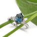Montana sapphire and diamond engagement ring in white gold, displayed on green leaves