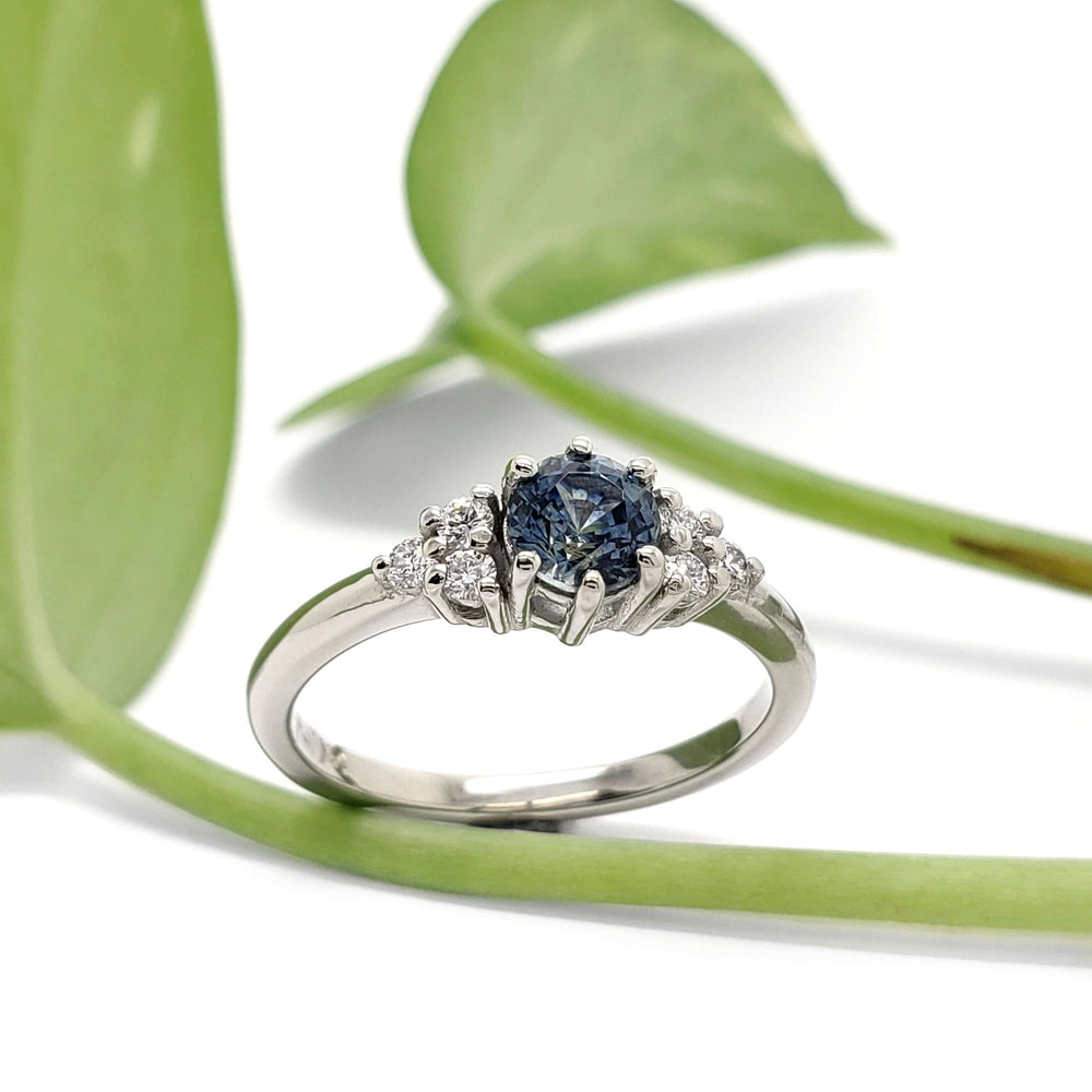 Montana sapphire and diamond 14k white gold ring displayed with green leaves