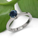 Montana sapphire solitaire engagement ring in white gold beside a green leaf