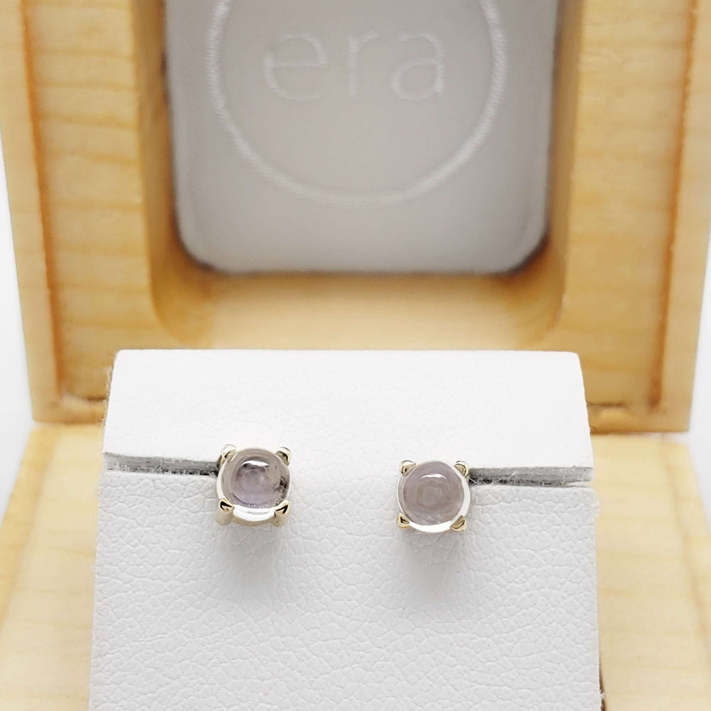 14kt yellow gold moonstone cabochon stud earrings presented in an Era Design box