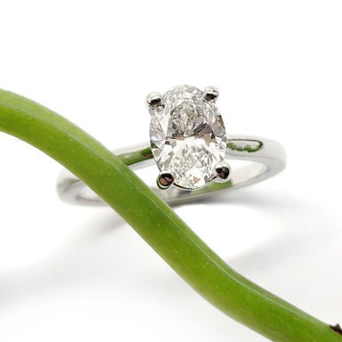 Oval lab-grown diamond solitaire ring in 14kt white gold beside a green stem