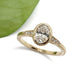Oval lab diamond engagement ring in yellow gold with millgrain and pave details beside a leaf