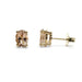 Pair of oval peach morganite stud earrings in 10kt yellow gold, front and side view