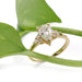 Pear lab diamond engagement ring in yellow gold, nestled among green leaves