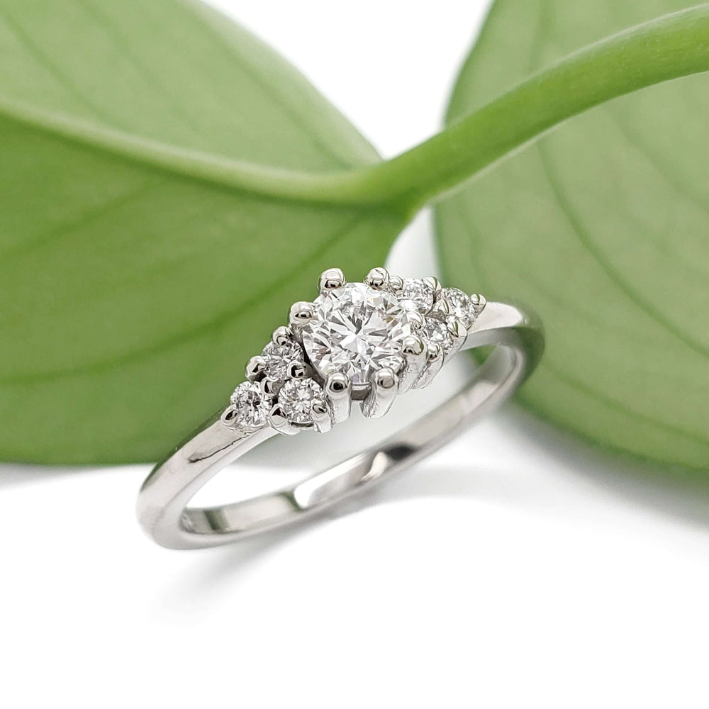 Petite Zira lab diamond ring in 14kt white gold, displayed with green leaves