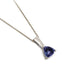 Platinum pendant with trilliant cut blue tanzanite on a fine chain, shown on white background