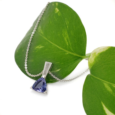Platinum trilliant tanzanite pendant displayed on a green leaf, chain visible