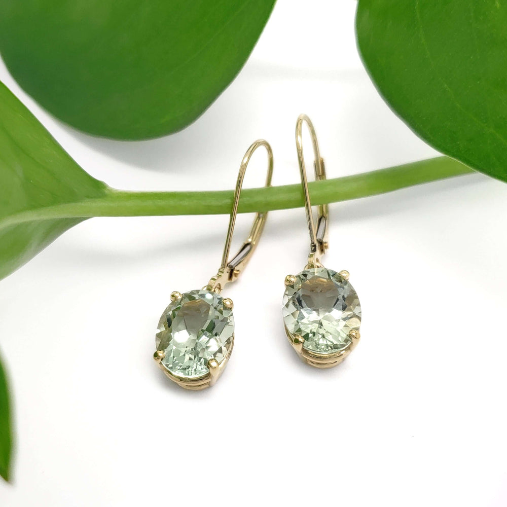 Prasiolite dangle earrings in 14kt yellow gold displayed on a green plant stem