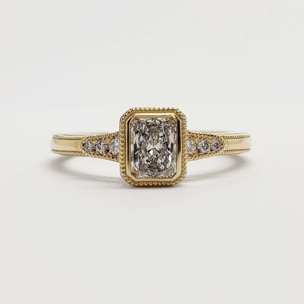 Radiant cut lab diamond engagement ring in 14kt yellow gold, front view