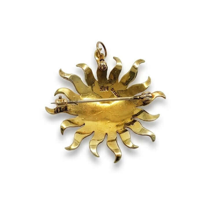 Back of antique sunburst pendant-brooch showing 14kt gold metalwork and pin closure