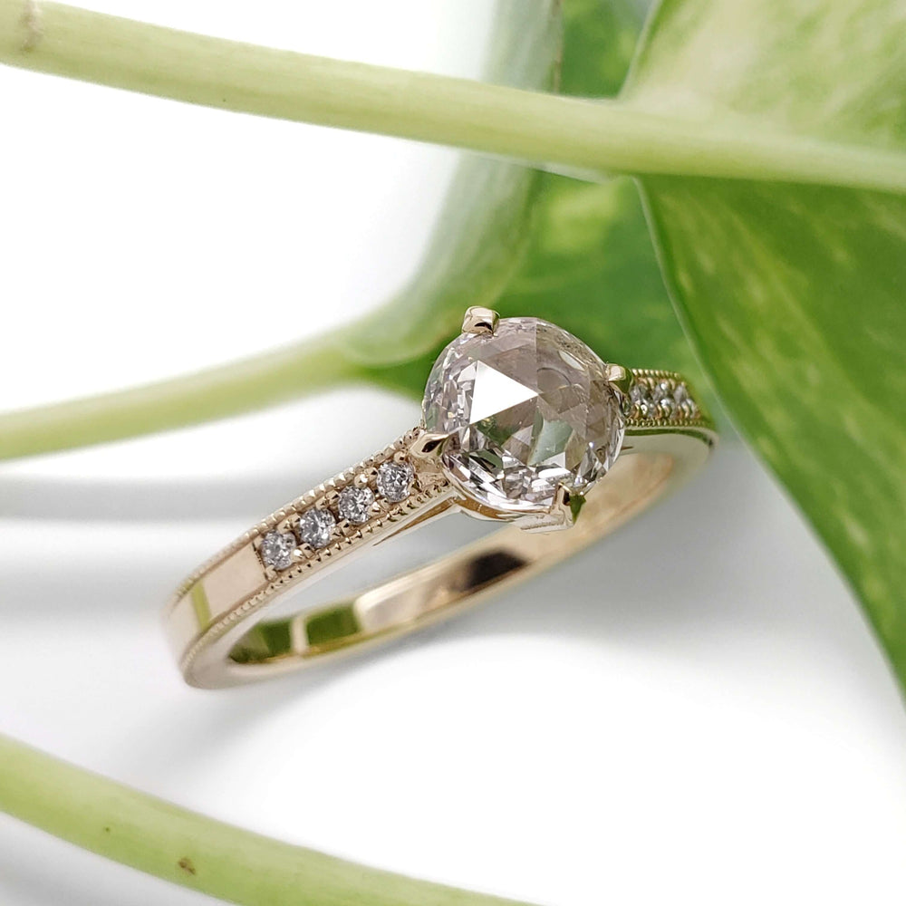Rose cut lab diamond engagement ring in yellow gold with vintage millgrain details