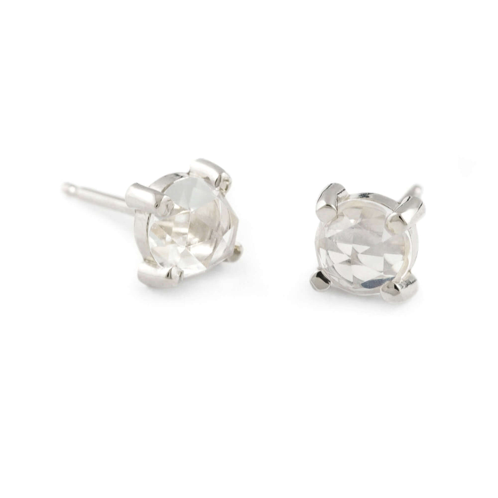 Rose cut moonstone stud earrings in 14kt white gold on white background
