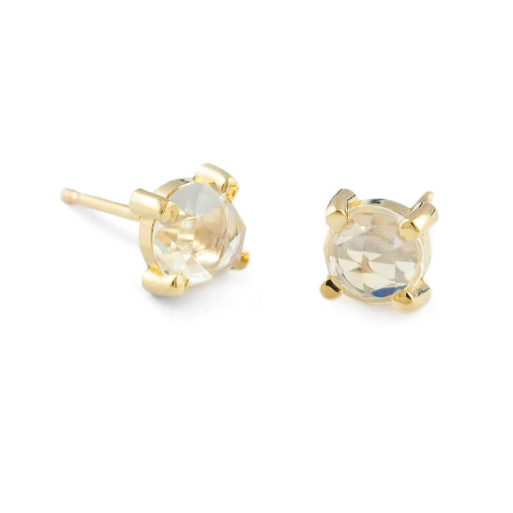 Rose cut moonstone stud earrings in 14kt yellow gold on white background