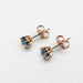 Side view of blue zircon stud earrings in rose gold on a white background