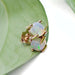 Close-up of rose gold opal stud earrings on a green leaf