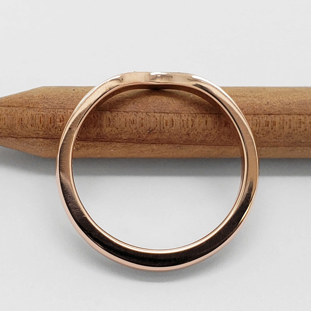 Side view of 14kt rose gold chevron band showing polished finish