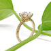 Side view of 14kt yellow gold ring with cushion cut lab diamond, leaf engraving, and plant background