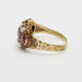 Side view of engraved 15kt yellow gold Victorian ring with purple fluorite and pearls