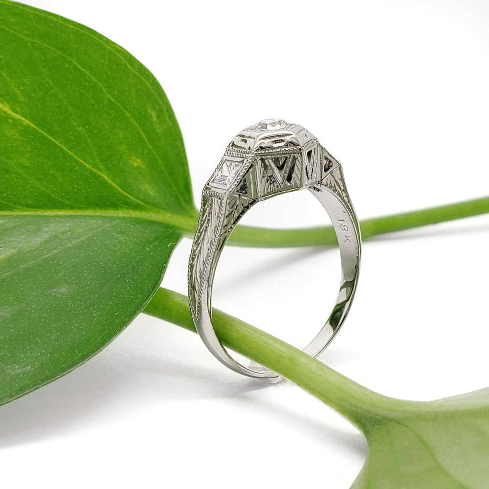 Side view of engraved 18kt white gold hexagon-set diamond ring resting on a green leaf