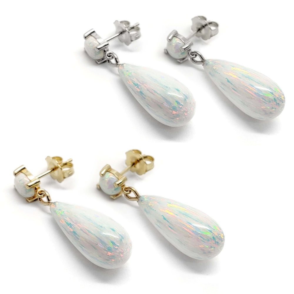 Simulated opal drop earrings in 14kt yellow and white gold, shown in pairs on white background